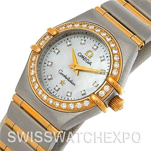 The image shows a front angle of the Omega 1365.75.00 Women
s Steel and Gold (two tone) Mother of Pearl Dial 1365.75.00 Women
s Steel and Gold (two tone) Mother of Pearl Dial Constellation My Choice Steel Gold Diamond Mini 1365.75.00 Watch, highlighting the dial and bracelet.