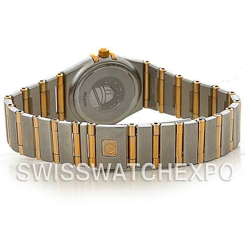 This is the back view of the Omega 1365.75.00 Women
s Steel and Gold (two tone) Mother of Pearl Dial 1365.75.00 Women
s Steel and Gold (two tone) Mother of Pearl Dial Constellation My Choice Steel Gold Diamond Mini 1365.75.00 watch, focusing on its bracelet and clasp.