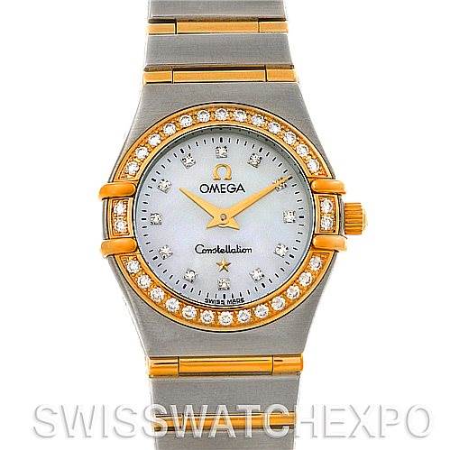 The image displays a front view of the Omega 1365.75.00 Women
s Steel and Gold (two tone) Mother of Pearl Dial 1365.75.00 Women
s Steel and Gold (two tone) Mother of Pearl Dial Constellation My Choice Steel Gold Diamond Mini 1365.75.00 watch, showcasing its face, bezel, and bracelet.