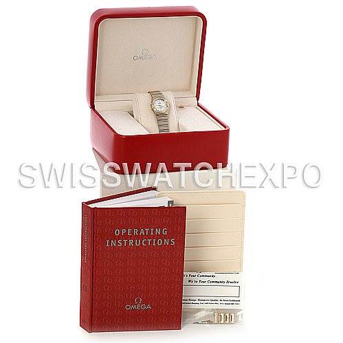 The image shows an Omega 1365.75.00 Women
s Steel and Gold (two tone) Mother of Pearl Dial 1365.75.00 Women
s Steel and Gold (two tone) Mother of Pearl Dial Constellation My Choice Steel Gold Diamond Mini 1365.75.00 Watch with its box, operating instructions, and extra links.