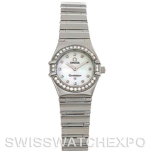 The image shows a front view of the Omega 1465.71.00 Women
s Stainless Steel Mother of Pearl Dial 1465.71.00 Women
s Stainless Steel Mother of Pearl Dial Constellation My Choice Ladies Quartz Mini Watch 1465.71.00, highlighting the face and bracelet.
