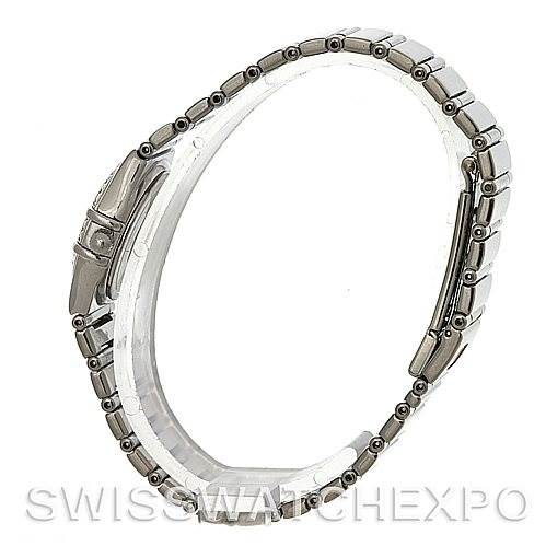 The image shows a side view of the Omega 1465.71.00 Women
s Stainless Steel Mother of Pearl Dial 1465.71.00 Women
s Stainless Steel Mother of Pearl Dial Constellation My Choice Ladies Quartz Mini Watch 1465.71.00, focusing on its bracelet and clasp.