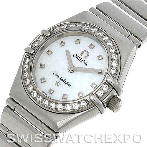 The image shows a close-up, angled view of the Omega 1465.71.00 Women
s Stainless Steel Mother of Pearl Dial 1465.71.00 Women
s Stainless Steel Mother of Pearl Dial Constellation My Choice Ladies Quartz Mini Watch 1465.71.00, highlighting the dial and bracelet.