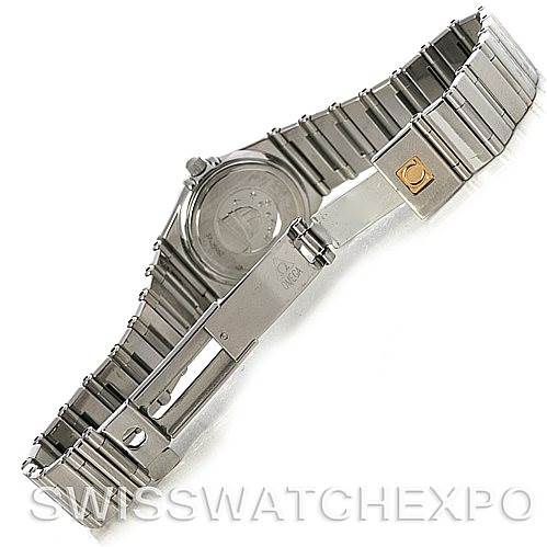 This image shows the back and open bracelet of the Omega 1465.71.00 Women
s Stainless Steel Mother of Pearl Dial 1465.71.00 Women
s Stainless Steel Mother of Pearl Dial Constellation My Choice Ladies Quartz Mini Watch 1465.71.00.