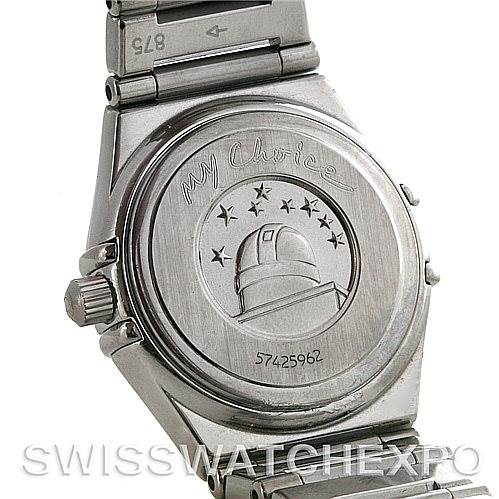 The image shows the back case and part of the bracelet of the Omega 1465.71.00 Women
s Stainless Steel Mother of Pearl Dial 1465.71.00 Women
s Stainless Steel Mother of Pearl Dial Constellation My Choice Ladies Quartz Mini Watch 1465.71.00.