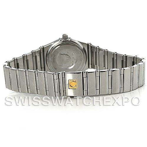 The image shows the back view of the Omega 1465.71.00 Women
s Stainless Steel Mother of Pearl Dial 1465.71.00 Women
s Stainless Steel Mother of Pearl Dial Constellation My Choice Ladies Quartz Mini Watch 1465.71.00, highlighting the bracelet and clasp.