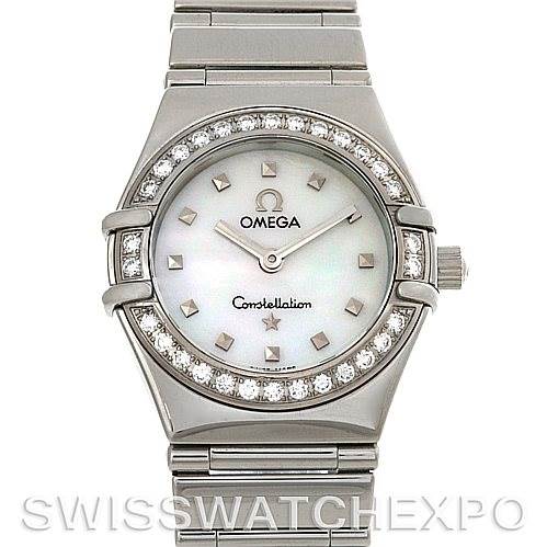 This image shows a front view of the Omega 1465.71.00 Women
s Stainless Steel Mother of Pearl Dial 1465.71.00 Women
s Stainless Steel Mother of Pearl Dial Constellation My Choice Ladies Quartz Mini Watch 1465.71.00, highlighting the face and bezel.