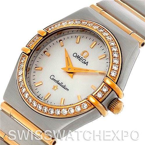 The image shows the face and part of the bracelet of the Omega 1277.70.00 Women
s Steel and Gold (two tone) Mother of Pearl Dial 1277.70.00 Women
s Steel and Gold (two tone) Mother of Pearl Dial Constellation My Choice Steel Gold Diamond Watch 1277.70.00 from an angled view.