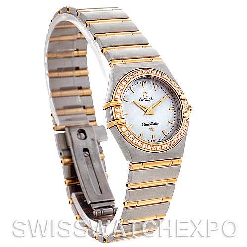 The image shows an angled view of an Omega 1277.70.00 Women
s Steel and Gold (two tone) Mother of Pearl Dial 1277.70.00 Women
s Steel and Gold (two tone) Mother of Pearl Dial Constellation My Choice Steel Gold Diamond Watch 1277.70.00, showcasing its dial, bracelet, and clasp.