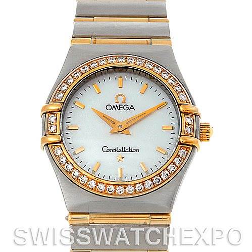 The image shows a front view of the Omega 1277.70.00 Women
s Steel and Gold (two tone) Mother of Pearl Dial 1277.70.00 Women
s Steel and Gold (two tone) Mother of Pearl Dial Constellation My Choice Steel Gold Diamond Watch 1277.70.00, highlighting the bezel and dial.