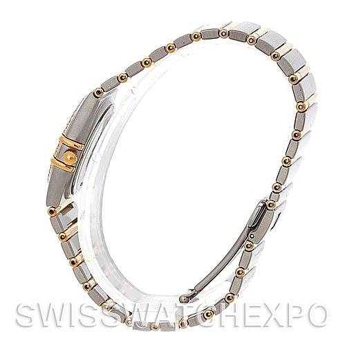 The image shows a side profile of an Omega 1277.70.00 Women
s Steel and Gold (two tone) Mother of Pearl Dial 1277.70.00 Women
s Steel and Gold (two tone) Mother of Pearl Dial Constellation My Choice Steel Gold Diamond Watch 1277.70.00, highlighting its band.