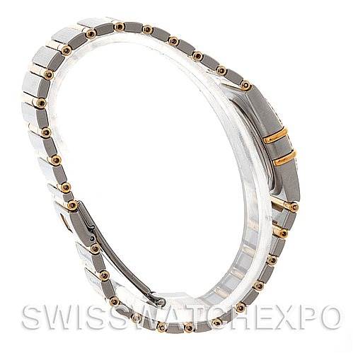 The image shows a side view of an Omega 1277.70.00 Women
s Steel and Gold (two tone) Mother of Pearl Dial 1277.70.00 Women
s Steel and Gold (two tone) Mother of Pearl Dial Constellation My Choice Steel Gold Diamond Watch 1277.70.00, highlighting the bracelet.