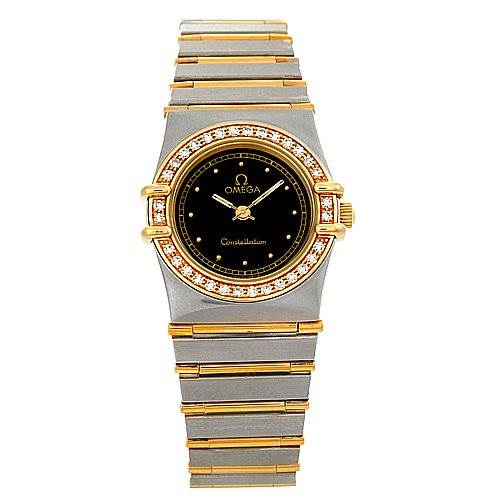 The image shows a frontal view of the Omega 1267.10.00 Women
s Steel and Gold (two tone) Black Dial 1267.10.00 Women
s Steel and Gold (two tone) Black Dial Constellation Diamond Mini 1267.10.00 watch, showcasing the dial, bezel, and bracelet.