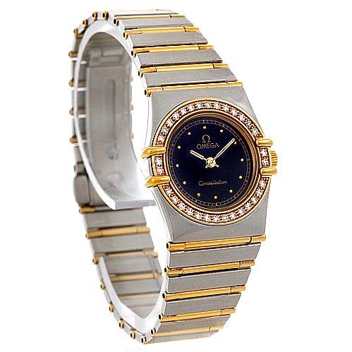 The image shows a side-angle view of the Omega 1267.10.00 Women
s Steel and Gold (two tone) Black Dial 1267.10.00 Women
s Steel and Gold (two tone) Black Dial Constellation Diamond Mini 1267.10.00 Watch, displaying the face, bezel, and bracelet.
