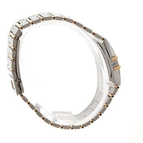 The image shows a side view of the band of the Constellation Diamond Mini 1267.10.00 watch by Omega 1267.10.00 Women
s Steel and Gold (two tone) Black Dial 1267.10.00 Women
s Steel and Gold (two tone) Black Dial, highlighting the links and clasp.