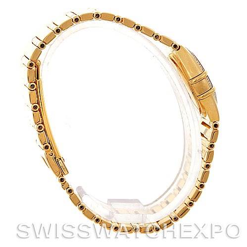 Side view of the Omega 1164.75.00 Women's Yellow Gold Mother of Pearl Dial 1164.75.00 Women's Yellow Gold Mother of Pearl Dial Constellation 18K Yellow Gold Diamond Mini 1164.75.00 Watch displaying the band and clasp.