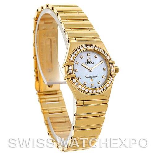 The image shows a side angle view of the Omega 1164.75.00 Women's Yellow Gold Mother of Pearl Dial 1164.75.00 Women's Yellow Gold Mother of Pearl Dial Constellation 18K Yellow Gold Diamond Mini 1164.75.00 Watch, highlighting the band and face.