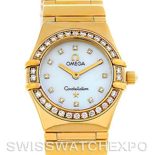 The image shows a front view of the Omega 1164.75.00 Women's Yellow Gold Mother of Pearl Dial 1164.75.00 Women's Yellow Gold Mother of Pearl Dial Constellation 18K Yellow Gold Diamond Mini 1164.75.00 Watch, focusing on the face and part of the bracelet.
