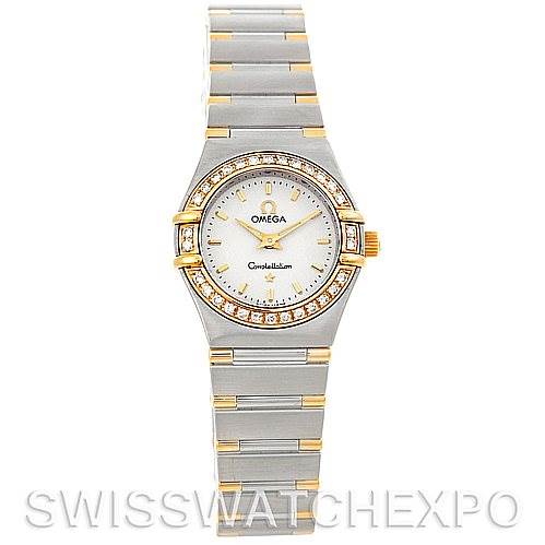 The image shows a front view of the Omega Women's Steel and Gold (two tone) White Dial Women's Steel and Gold (two tone) White Dial Constellation Mini Steel and Gold Diamond Watch with its face and bracelet visible.