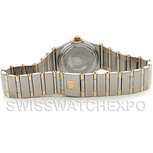 This image shows the back view of the Omega Women's Steel and Gold (two tone) White Dial Women's Steel and Gold (two tone) White Dial Constellation Mini Steel and Gold Diamond Watch, highlighting its bracelet and case back.