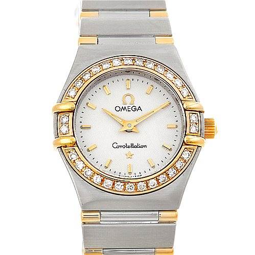 The image shows a front angle of the Omega Women's Steel and Gold (two tone) White Dial Women's Steel and Gold (two tone) White Dial Constellation Mini Steel and Gold Diamond Watch, highlighting the face, bezel, and bracelet.