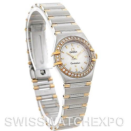 The image shows an angled view of the Omega Women's Steel and Gold (two tone) White Dial Women's Steel and Gold (two tone) White Dial Constellation Mini Steel and Gold Diamond Watch, highlighting the face and bracelet.