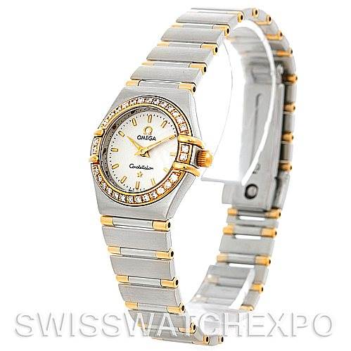 The image shows the Omega Women's Steel and Gold (two tone) White Dial Women's Steel and Gold (two tone) White Dial Constellation Mini Steel and Gold Diamond Watch from a three-quarter angle, highlighting its bracelet and diamond bezel.