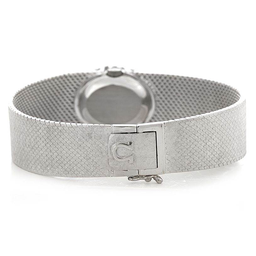 The image shows the back of the band and clasp of the Omega Women's White Gold Silver Dial Women's White Gold Silver Dial Deville Vintage Ladies 18k White Gold Diamond Watch.