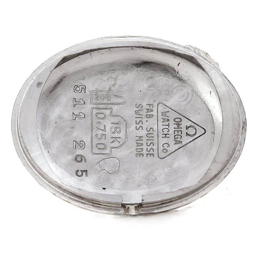 This image shows the inside case back of the Omega Women's White Gold Silver Dial Women's White Gold Silver Dial Deville Vintage Ladies 18k White Gold Diamond Watch.