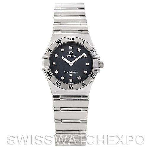 This image shows a frontal view of the Omega 1561.51.00 Women's Stainless Steel Grey Dial 1561.51.00 Women's Stainless Steel Grey Dial Constellation My Choice Quartz Mini Watch 15615100, displaying its face, bezel, and bracelet.