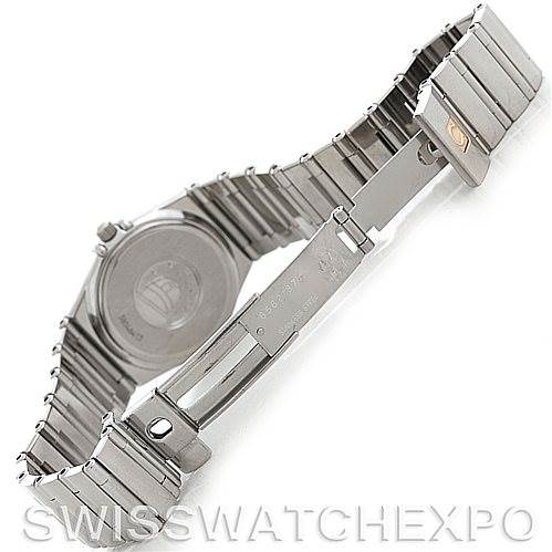 The image shows the back of the Omega 1561.51.00 Women's Stainless Steel Grey Dial 1561.51.00 Women's Stainless Steel Grey Dial Constellation My Choice Quartz Mini Watch 15615100, focusing on the clasp and bracelet.