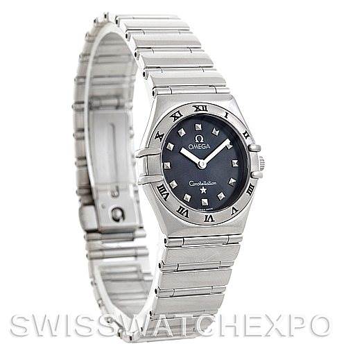 The image shows an angled view of the Omega 1561.51.00 Women's Stainless Steel Grey Dial 1561.51.00 Women's Stainless Steel Grey Dial Constellation My Choice Quartz Mini Watch 15615100, displaying its face, bezel, and band.