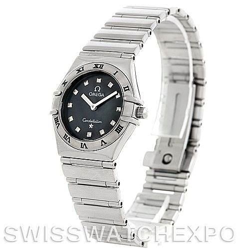 The image shows a side angle of the Omega 1561.51.00 Women's Stainless Steel Grey Dial 1561.51.00 Women's Stainless Steel Grey Dial Constellation My Choice Quartz Mini Watch 15615100, highlighting the band and watch face.