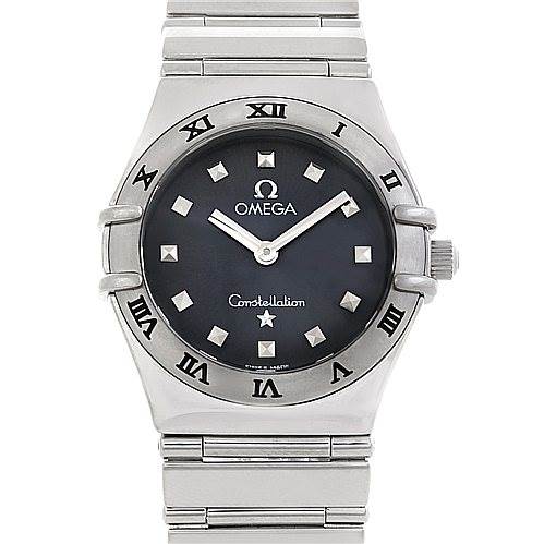 The image shows a frontal view of the Omega 1561.51.00 Women's Stainless Steel Grey Dial 1561.51.00 Women's Stainless Steel Grey Dial Constellation My Choice Quartz Mini Watch 15615100, highlighting its face, bezel, and bracelet.