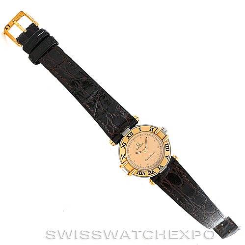 The Constellation Steel and Gold Ladies Watch by Omega Women
s Steel and Gold (two tone) Champagne Dial Women
s Steel and Gold (two tone) Champagne Dial is shown from a top-down angle, displaying the entire watch including the dial and strap.