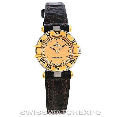 This image shows a front view of the Omega Women
s Steel and Gold (two tone) Champagne Dial Women
s Steel and Gold (two tone) Champagne Dial Constellation Steel and Gold Ladies Watch, displaying the watch face, bezel, and strap.