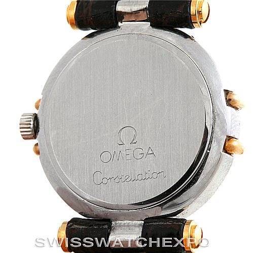 This image shows the back view of an Omega Women
s Steel and Gold (two tone) Champagne Dial Women
s Steel and Gold (two tone) Champagne Dial Constellation Steel and Gold Ladies Watch.