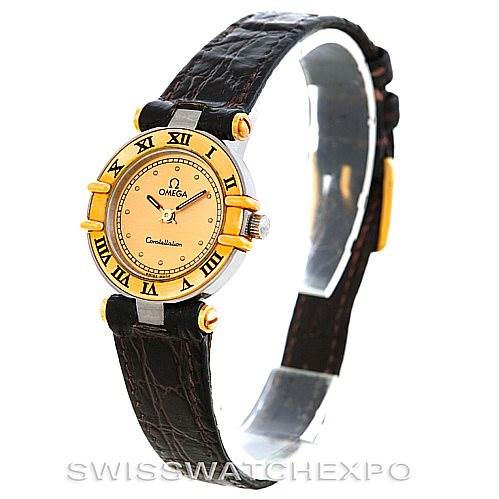 The Omega Women
s Steel and Gold (two tone) Champagne Dial Women
s Steel and Gold (two tone) Champagne Dial Constellation Steel and Gold Ladies Watch is shown at a slight angle, highlighting the face, bezel, strap, and side buttons.