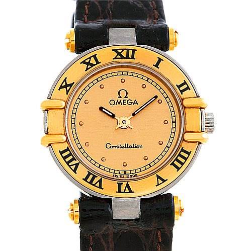 This is a frontal view of the Omega Women
s Steel and Gold (two tone) Champagne Dial Women
s Steel and Gold (two tone) Champagne Dial Constellation Steel and Gold Ladies Watch, showcasing its dial, bezel, and straps.