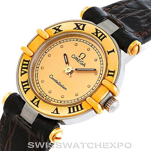 The Omega Women
s Steel and Gold (two tone) Champagne Dial Women
s Steel and Gold (two tone) Champagne Dial Constellation Steel and Gold Ladies Watch is shown at a slight angle, featuring its face, bezel, crown, and part of the strap.