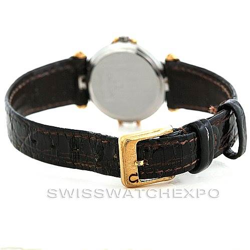 The image shows the back view of an Omega Women
s Steel and Gold (two tone) Champagne Dial Women
s Steel and Gold (two tone) Champagne Dial Constellation Steel and Gold Ladies Watch, focusing on the leather strap and buckle.