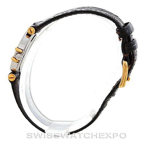 This image features a side view of the Omega Women
s Steel and Gold (two tone) Champagne Dial Women
s Steel and Gold (two tone) Champagne Dial Constellation Steel and Gold Ladies Watch, highlighting its strap and side buttons.