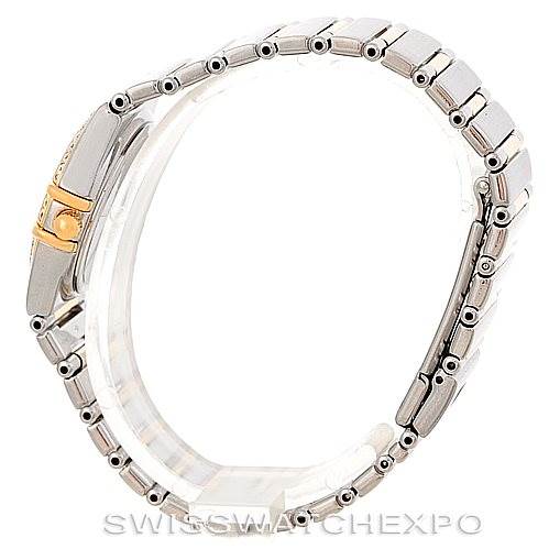 The image shows a side profile of the Omega 1376.75.00 Women
s Steel and Gold (two tone) Mother of Pearl Dial 1376.75.00 Women
s Steel and Gold (two tone) Mother of Pearl Dial Constellation My Choice Steel and Gold Diamond Watch 1376.75.00, highlighting the bracelet and clasp.