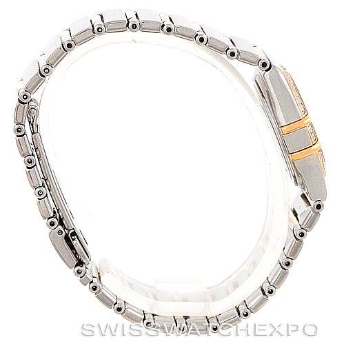 This image shows a side profile of the Omega 1376.75.00 Women
s Steel and Gold (two tone) Mother of Pearl Dial 1376.75.00 Women
s Steel and Gold (two tone) Mother of Pearl Dial Constellation My Choice Steel and Gold Diamond Watch 1376.75.00, highlighting its bracelet and bezel.