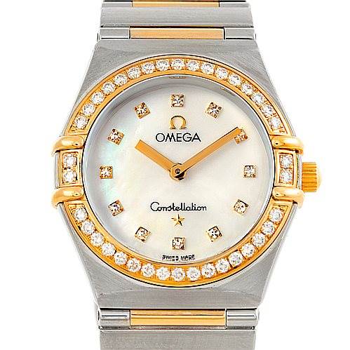 This image shows the front view of the Omega 1376.75.00 Women
s Steel and Gold (two tone) Mother of Pearl Dial 1376.75.00 Women
s Steel and Gold (two tone) Mother of Pearl Dial Constellation My Choice Steel and Gold Diamond Watch 1376.75.00.