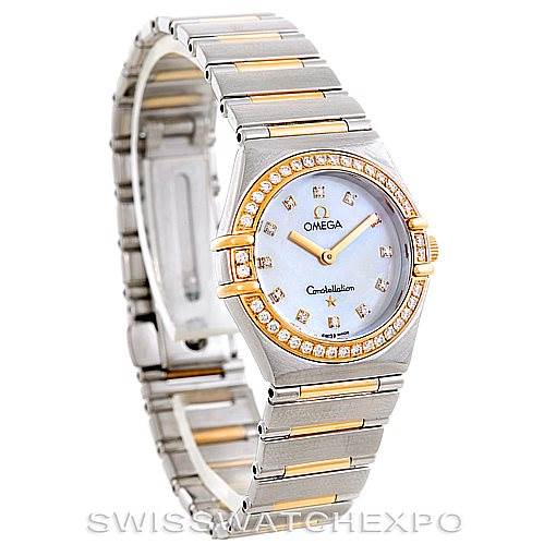 The Omega 1376.75.00 Women
s Steel and Gold (two tone) Mother of Pearl Dial 1376.75.00 Women
s Steel and Gold (two tone) Mother of Pearl Dial Constellation My Choice Steel and Gold Diamond Watch 1376.75.00 is shown at a left-side angle displaying its band and face.