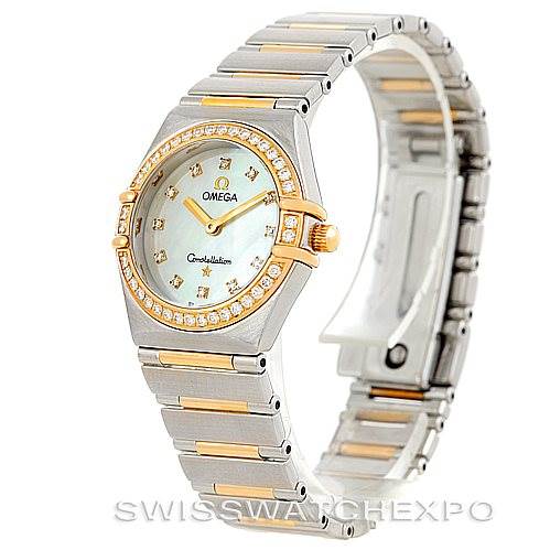 The image shows an angled view of an Omega 1376.75.00 Women
s Steel and Gold (two tone) Mother of Pearl Dial 1376.75.00 Women
s Steel and Gold (two tone) Mother of Pearl Dial Constellation My Choice Steel and Gold Diamond Watch 1376.75.00, displaying the face and bracelet.