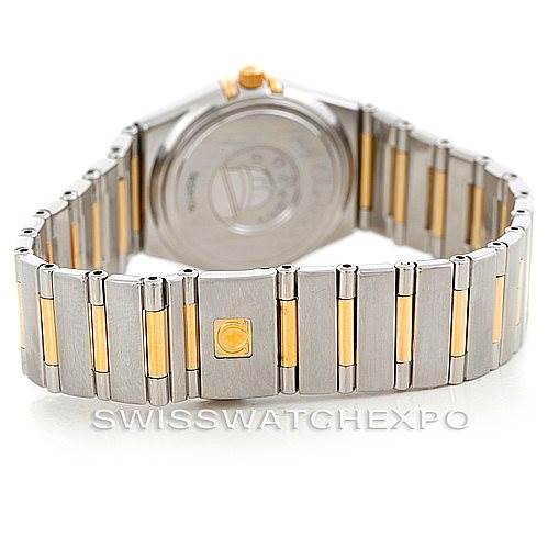 The image shows the back view of the Omega 1376.75.00 Women
s Steel and Gold (two tone) Mother of Pearl Dial 1376.75.00 Women
s Steel and Gold (two tone) Mother of Pearl Dial Constellation My Choice Steel and Gold Diamond Watch 1376.75.00, highlighting its bracelet.