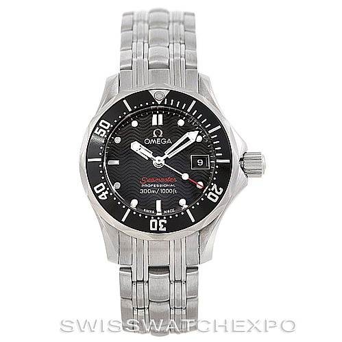 The image shows a front view of the Omega 212.30.28.61.01.001 Women's Stainless Steel Black Dial 212.30.28.61.01.001 Women's Stainless Steel Black Dial Seamaster Professional 300 M Ladies Watch 212.30.28.61.01.001, including its bezel, dial, crown, and bracelet.