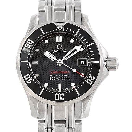 The image shows a frontal view of the Omega 212.30.28.61.01.001 Women's Stainless Steel Black Dial 212.30.28.61.01.001 Women's Stainless Steel Black Dial Seamaster Professional 300 M Ladies Watch model 212.30.28.61.01.001.